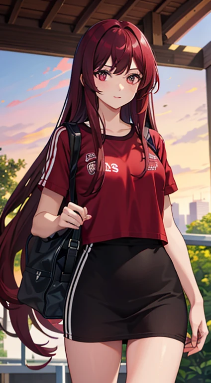 A hot female student with dark maroon long hair and maroon eyes in red outlined gym clothes on an uninhabited island in the wilderness
