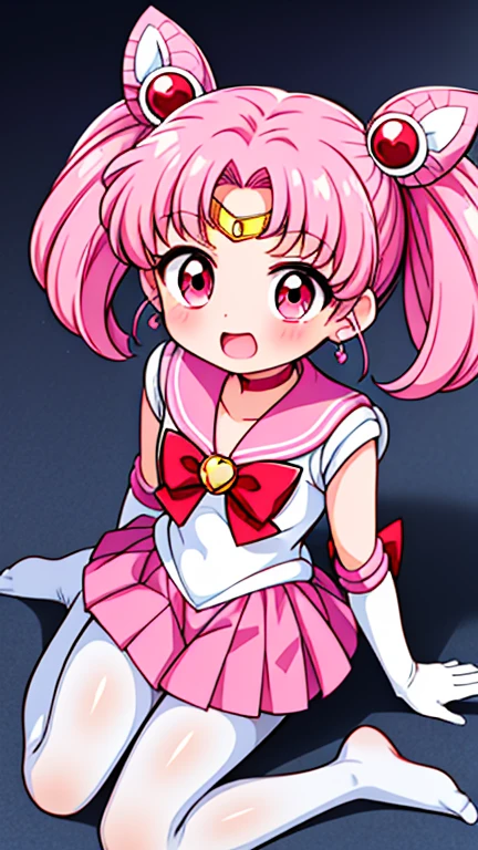sailor moon,childhood,Young,Seven years old,Cute little loli,Pink hair twintails,red eyes,short hair,Sailor suit,bow tie,White elbow gloves,red skirt,sitting,no shoes,Open your mouth,laughing out loud,white pantyhose