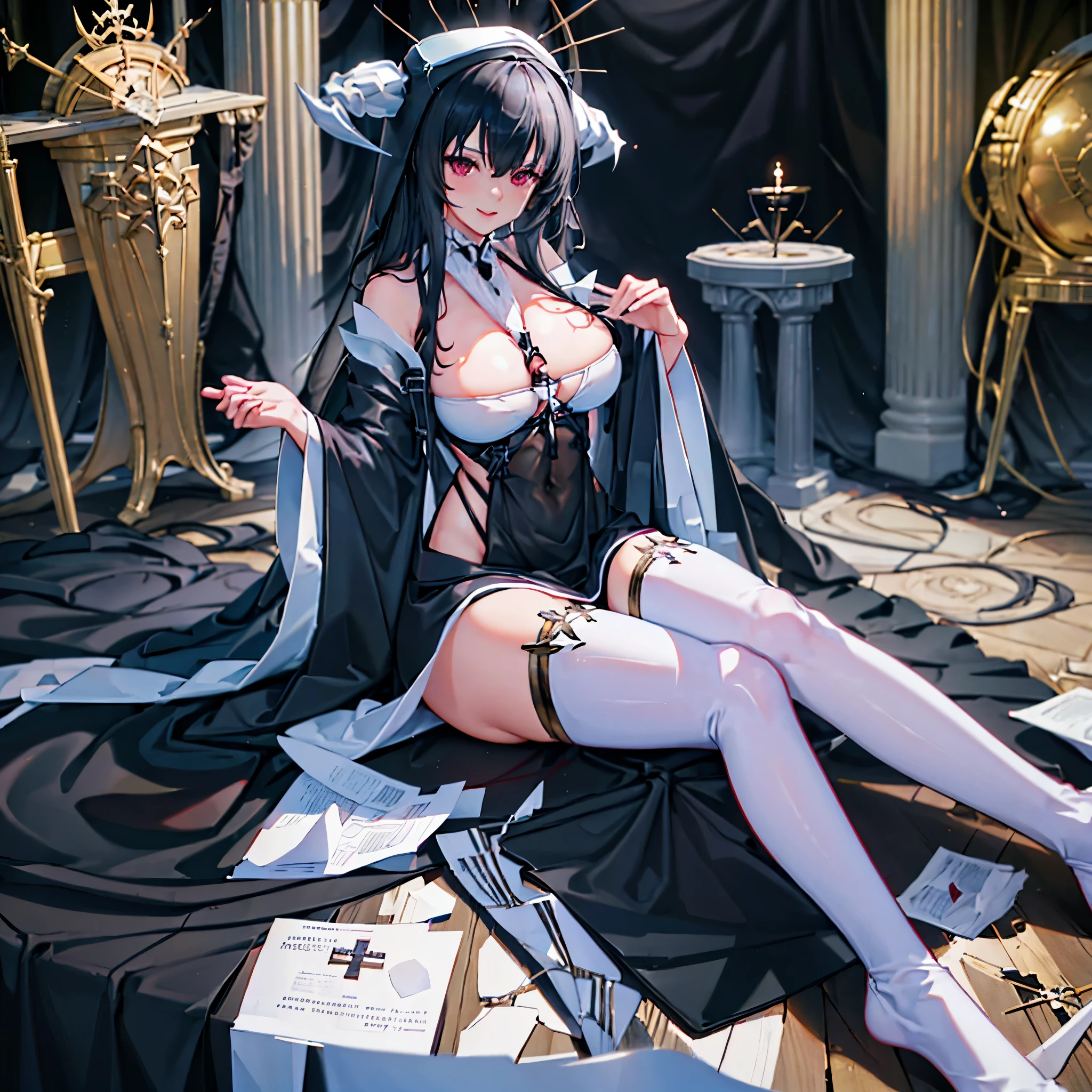 A woman with long black hair,long pigtail hair, burgundy eyes, wearing a sex nun costume, black veil, white horns, long white stockings, big breasts, smiling, outside a large castle, concrete floor,HDR, ultra resolution, well defined, masterpiece, 8K HD. (solo woman)