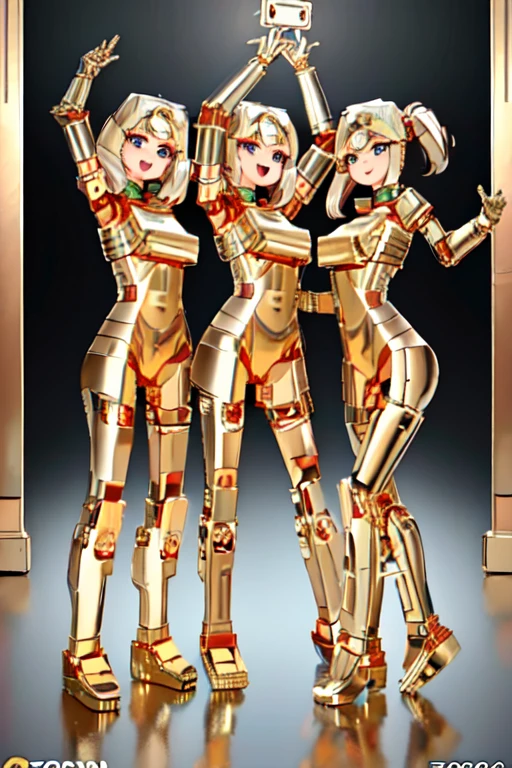 Three Gold Lightans, robot, Everyone has a different body shape and height, All beautiful and cute human girl faces,
 (highest quality, masterpiece, Raw photo,full body shot, group selfie), Everyone is showing off their bodies,
 Everyone smiling