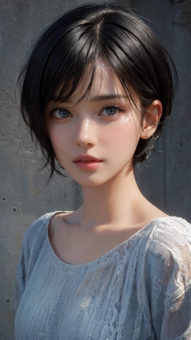 (masterpiece: 1.3), (8K, realistic, Raw photo, better quality: 1.4), (1 girl), beautiful face, (realistic face), (black hair, short hair: 1.3), gorgeous hairstyle, parted hair in the middle, realistic eyes, detailed and beautiful eyes, (realistic skin), beautiful skin, (pull), absurd, good looking, ultra high resolution, surreal, very detailed, Proportion Aurea, cinema light, Big adorable eyes, highest quality