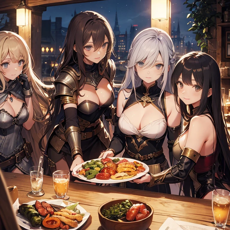 A group of female medieval fantasy adventurers, (in tavern), various hair styles, harem, night, details face, seducing, sleeveless, armor