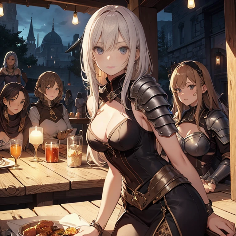 A group of female medieval fantasy adventurers, (in tavern), various hair styles, harem, night, details face, seducing, sleeveless, armor