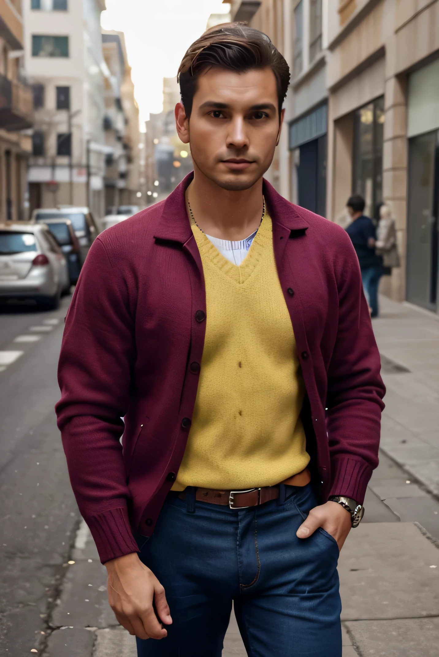 Para este segmento, el reportero/You can opt for a more casual but still professional style. You can wear a set of chinos or jeans combined with a long-sleeved shirt or a bright-colored polo shirt.. You can add a light jacket or knit sweater to give the outfit a more formal touch..