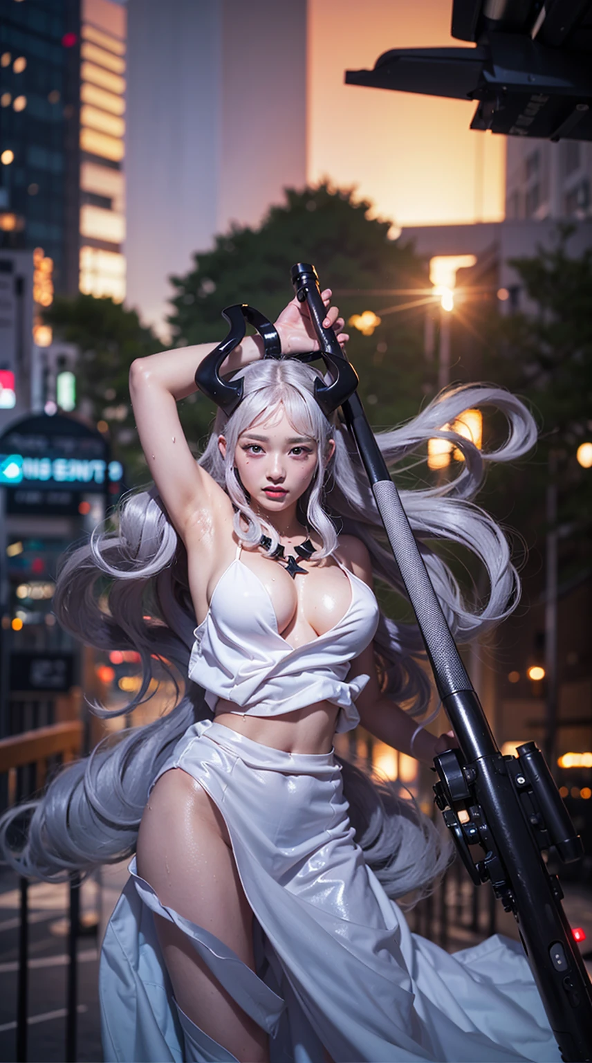 highest quality、surreal、perfect anatomy、crowded downtown area、Wet and shiny white skin、slender model body、Ahegao、silver hair、black micro bikini、soaked、Ten head body、natural lighting、one piece yamato、