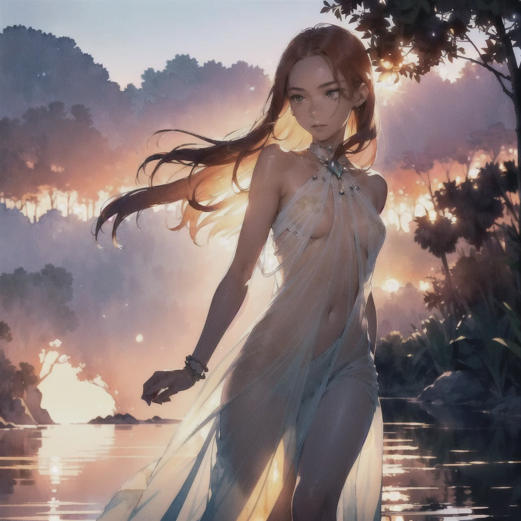 Exquisite (slim (skinny)) Girl (with a perfect, very beautiful gentle face and almond-shaped eyes) (with a southern skin tone and soft lips) (with red hair) (with freckles) (costs (waist-deep in water)) ((nude)) (with tender (small beautiful breasts)) ((with soft pink nipples)) (Barefoot) In the middle of a big river (((on another planet))) (((in a thin transparent tight-fitting elegant long dress))) ((with wide electronic bracelets on the arm and ankle)); (((unusual massive precious jewelry on the chest and wrists))), (((precious jewelry on the neck and chest))), (((unusual plants, Electronic devices))); ((Sunset Evening Amber Light)), (((backlighting, backlight, against the light of the setting sun, silhouette))), ((caramel soft warm shades)); (Warm summer late evening), ((Warm sunset light)); draw ((in watercolor style)); ((very beautiful exquisite face)); (High image quality, High detail), ((Discreet shades, imitation of film photography, diffused soft light)); ((big alien eyes), (skinny)); ((delicate mint shades)), (sfumato)