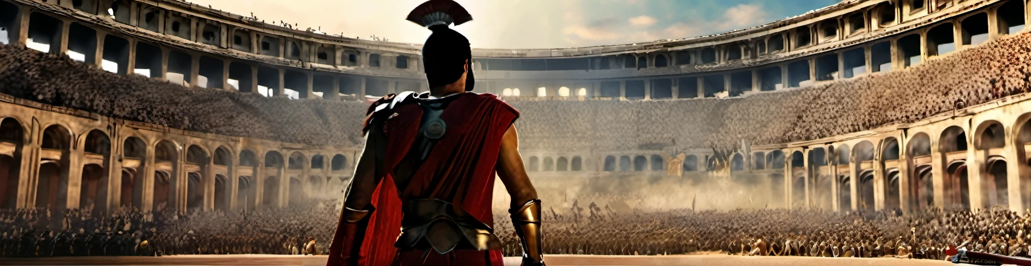 arafed image of a man in a gladia costume standing in a arena, in a gladiators arena landscape, standing in an arena, in a coliseum, roman gladiator, gladiator, gladiator wearing space suit, in an arena, in the middle of an arena, gladiator armor, coliseum background, coliseum backdrop, leading spartans into battle, roman centurion, very epic atmosphere