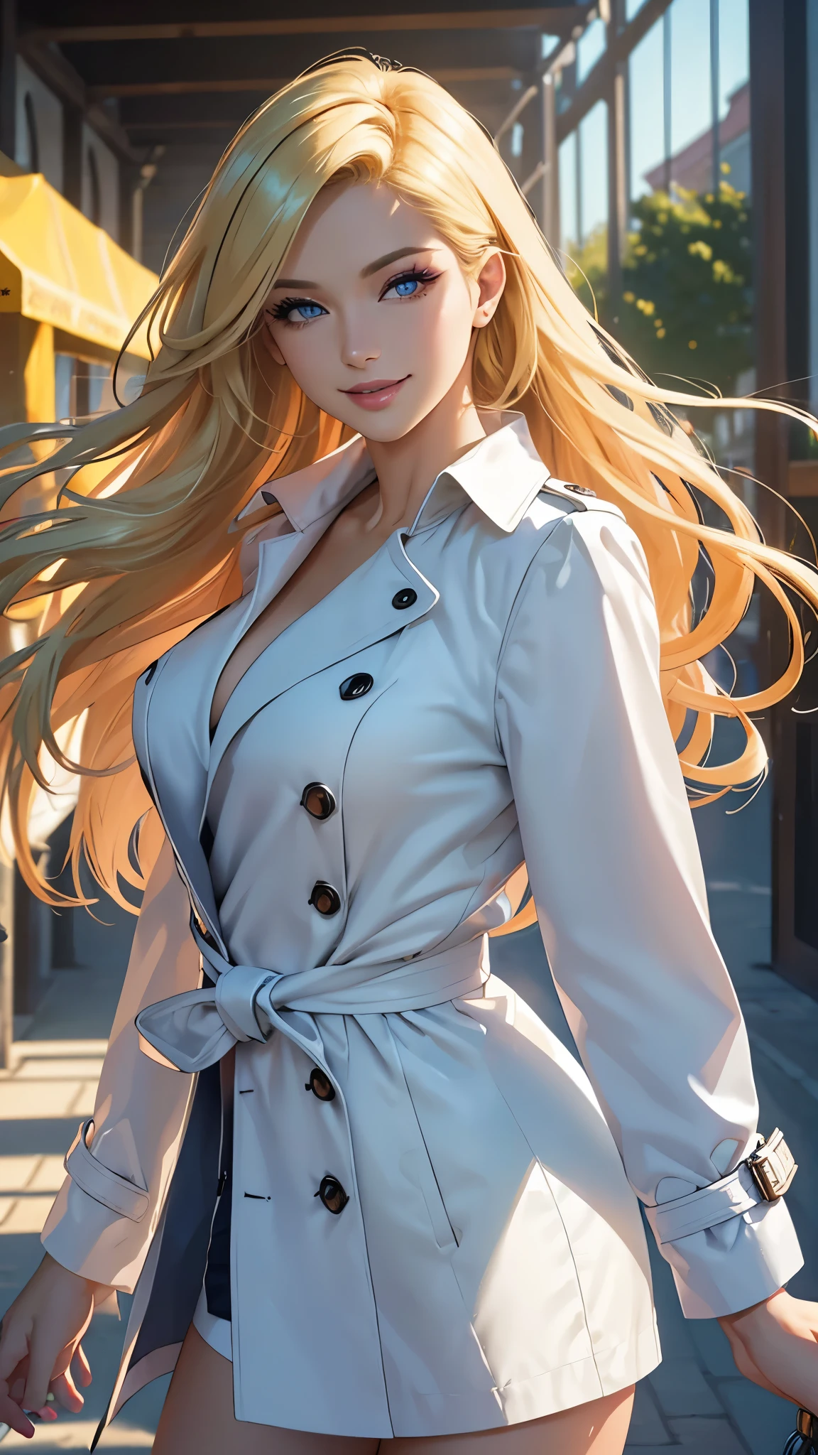 (best quality,ultra-detailed,photo-realistic:1.37),bright and vibrant colors,studio lighting,playful expression,stylish makeup,Trench Coat,Blonde hair flowing in the wind,alluring eyes,glossy lips,sexy pose, smiling in a confident and seductive way,posing for a professional photoshoot,shallow depth of field,highlighting the main subject,soft natural lighting,creating a dreamy and magical atmosphere.