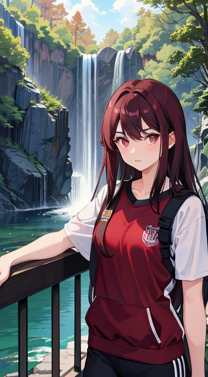 A hot female student with dark maroon long hair and maroon eyes in outlined gym clothes by a waterfall and trees