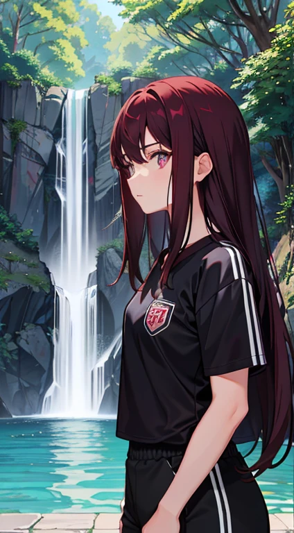 A hot female student with dark maroon long hair and maroon eyes in outlined gym clothes by a waterfall and trees
