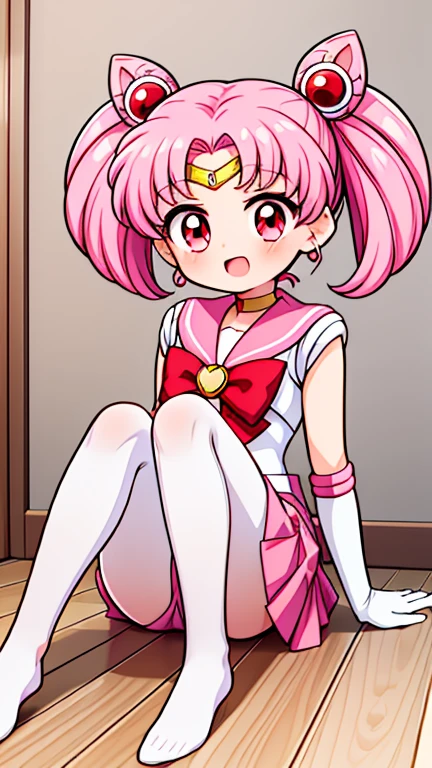 sailor moon,childhood,Young,Seven years old,Cute little ,Pink hair twintails,red eyes,short hair,Sailor suit,bow tie,White elbow gloves,red skirt,sitting,no shoes,Open your mouth,laughing out loud,white pantyhose