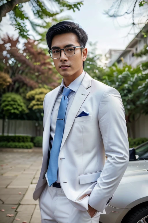 (One wears silver-white titanium alloy thin-rimmed glasses、Wearing a white shirt、Asian man in blue suit and tie, About 28 years old. Height 180 cm)、best quality、masterpiece、ultra high resolution、(Photo realism:1.4)、original photo、(Outdoor . One wears silver-white titanium alloy thin-rimmed glasses、Young handsome man in blue suit standing up、Standing under the red maple tree、Red and big maple leaves、delicate leaves、branch details)、(A white BMW car next to the man、Man's hands on car roof ) shadow、octane rendering、8K、Super sharp、realistic light、(There is only one car on the street、man's shining eyes、looking in the direction of the camera)、LED、Ultra high quality、 High、 gentleman、very beautiful hair、 bright photos、 As handsome as a model、 As handsome as an idol, Professional profile photo, Professional portrait photos、Realistic portrait photos, Detailed color portrait, Portrait of an idol, High quality portrait.