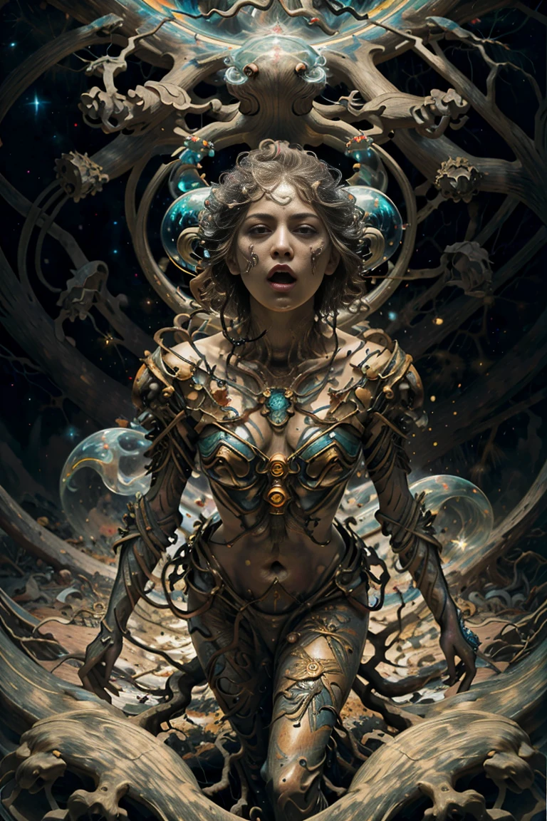 best quality,4k,8k,highres,masterpiece:1.2,ultra-detailed,realistic:1.37,HDR,UHD,studio lighting,ultra-fine painting,sharp focus,physically-based rendering,extreme detail description,professional,art nouveau,tarot card style,dramatic angle, terrified face expression, beautiful alien female,creatures from outer space, JnTrp, (1 alien female being dragged by several tree roots into a cosmic vortex:1.5), entangled, (desperately screaming), fractalized, organic exoskeleton,glass exoskeleton,alien flora,(bioluminescent fungi),vivid colors,pale purple hues,trending on cgsociety,landscape,horror,sci-fi,concept artists,bright and vibrant colors,dreamy lighting