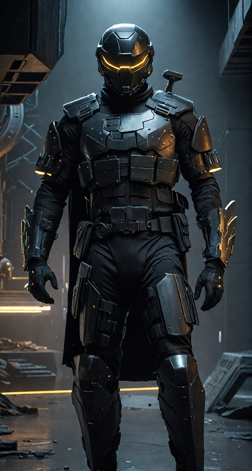 there is a man in a futuristic suit standing in a room, in a dark space mercenary outfit, black armored uniform, obsidians skin, stealth suit, gilded black uniform, full body x-force outfit, clothed in stealth armor, chrome outfit, full uniform, future soldier clothing, soldier outfit, streamlined matte black armor, intimidating full body armor a man in a helmet dressed in tactical armor, With a black cape,Shoulder pads, Knee pads, three throwing knives holstered on his arm, Pistol holstered on his leg(Best quality, 4k, Masterpiece :1.3), Cyberpunk, Background, Sci-fi landscape, (Black cape), ultra realistic 8k cg