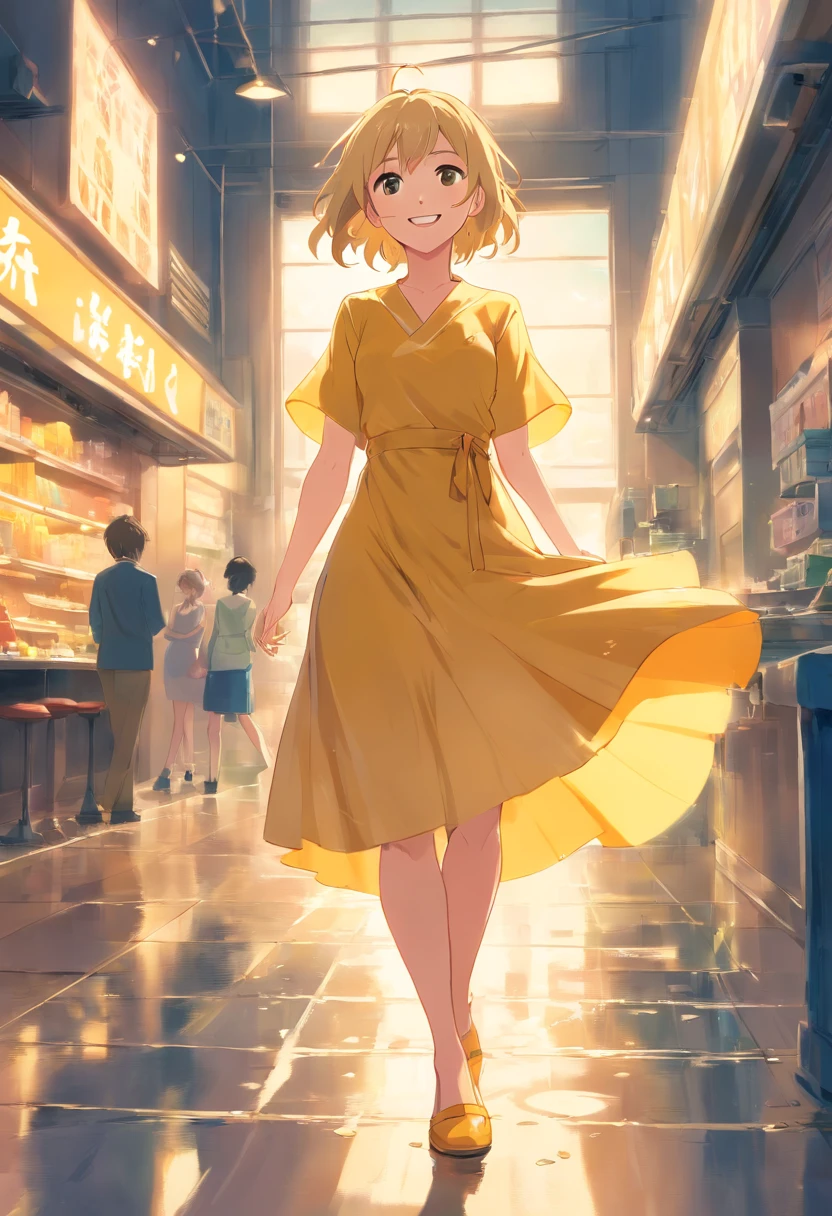 Mujer, , rubia, pelo corto, de cuerpo entero, vestido amarillo, heeled shoes of the same tone, Smile happily, fondo una fabrica. the floor is wet