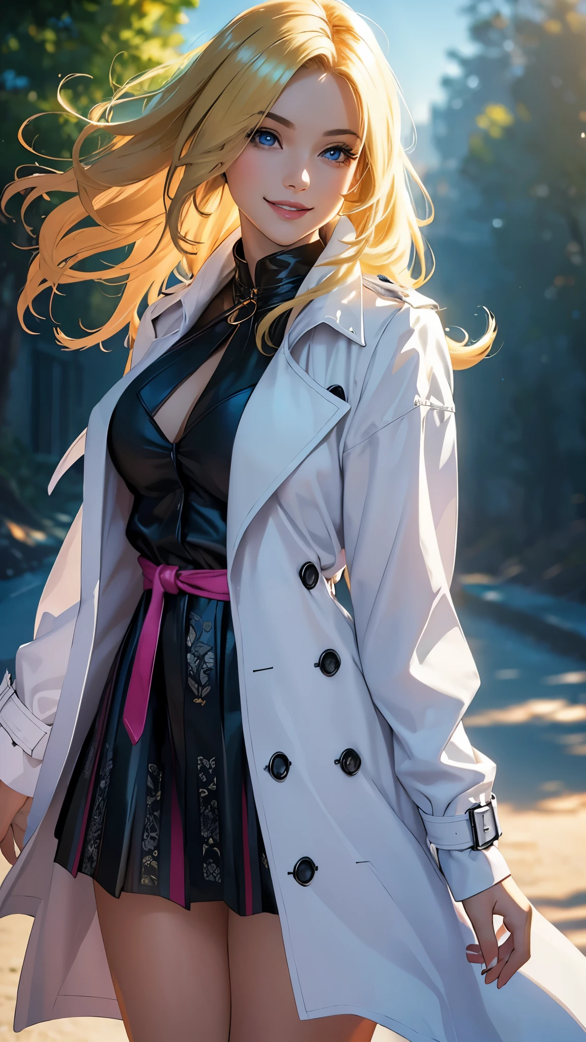 (best quality,ultra-detailed,photo-realistic:1.37),bright and vibrant colors,studio lighting,playful expression,stylish makeup,Trench Coat,Blonde hair flowing in the wind,alluring eyes,glossy lips,sexy pose, smiling in a confident and seductive way,posing for a professional photoshoot,shallow depth of field,highlighting the main subject,soft natural lighting,creating a dreamy and magical atmosphere.