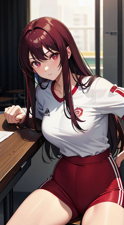 A hot female student with dark maroon long hair and maroon eyes in red outlined gym clothes in the wilderness
