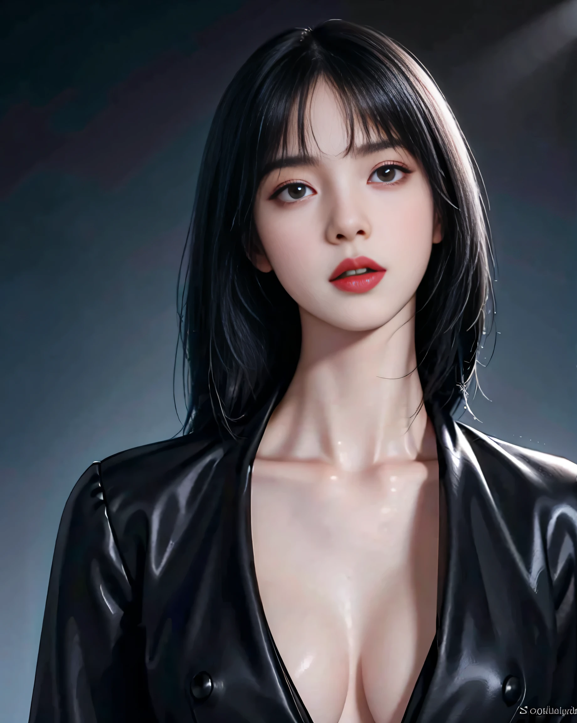 Beautiful girl with realistic black eyes, pale skin, medium length black hair, perfect face, perfect eyes, wearing a coat, very detailed, comprehensive movie, digital painting, 8K, cinematic lighting, highest quality, High resolution, great work, Post-processing, perfect result, surreal，big breasts，Upper body