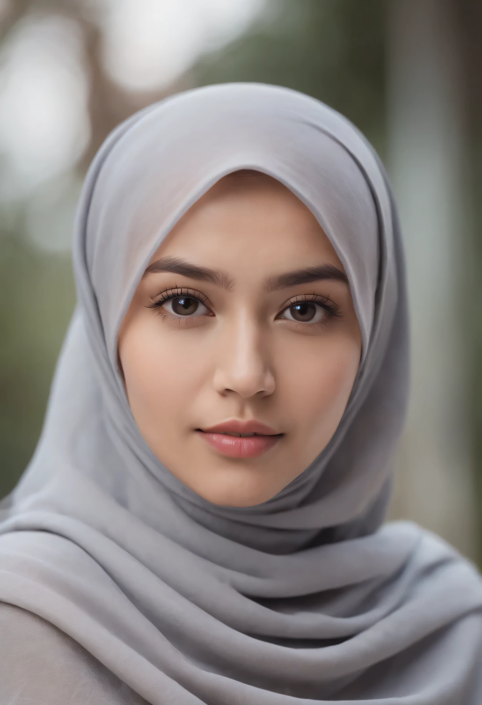 Photo portrait of a beautiful Bandung girl wearing a hijab and dimples, around 17 years old, (plain grey hijab), (portrait medium shot:1.3), dramatic light, Rembrandt lighting scheme, (hyperrealism:1.2), (8K UHD: 1.2), ( photorealistic:1.2), shot with Canon EOS 5D Mark IV, facial detail, skin texture detail. sitting on the car