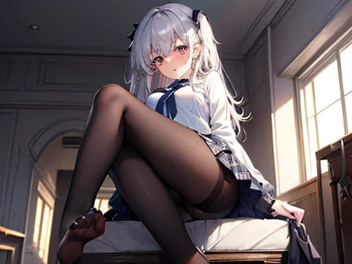finest, masterpiece, High resolution, (full body), front, symmetrical, Mature , alone, (full body from head to toe), small breasts, long hair, slightly messy hair, (black tights), ( (black pantyhose), black pantyhose, (composition where she is made to sit and lift her foot and make her foot open), composition show me your white panties, slender beautiful foot, very beautiful 17 year old girl (not wearing shoes) foot), blush, shy big eyes, messy hair, looking at camera, show me your white panties, white ruffle lingerie, high school uniform blazer, High school uniform white blouse, High  with blue ribbon, High style with short plaid pattern and navy pleated skirt