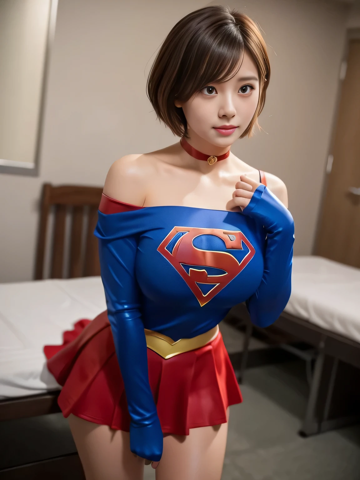 masterpiece、supergirl costume、short hair、barefoot、big and full breasts、Research room、operating table、oil massage、Oily Skin、shiny、look at the camera、Sexy poses to seduce、model body shape、choker、long sleeve、red mini skirt、Cowgirl、Estrus、sweaty、Radical、off shoulder、Gorgeous New、charm、charming、born々New、