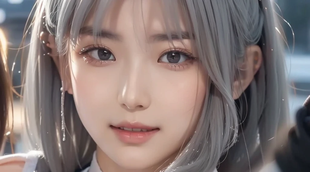 (beautiful japanese girl), beautiful and fine eyes, perfection , perfection, roll your eyes, detailed face, fine eyes, excellent quality, masterpiece, very detailed, Advanced level of detail, many details, high quality, cinematic light, real hands, (Super realistic:1.3), high school student , 幸せそうなsmile、smile, Myolin Remblanc, Ahoge, (gray hair:1.25), hair between eyes, (Silver Ship:1.25), halter neck, cross halter, white clothes, No bra, off shoulder dress,((1girl))