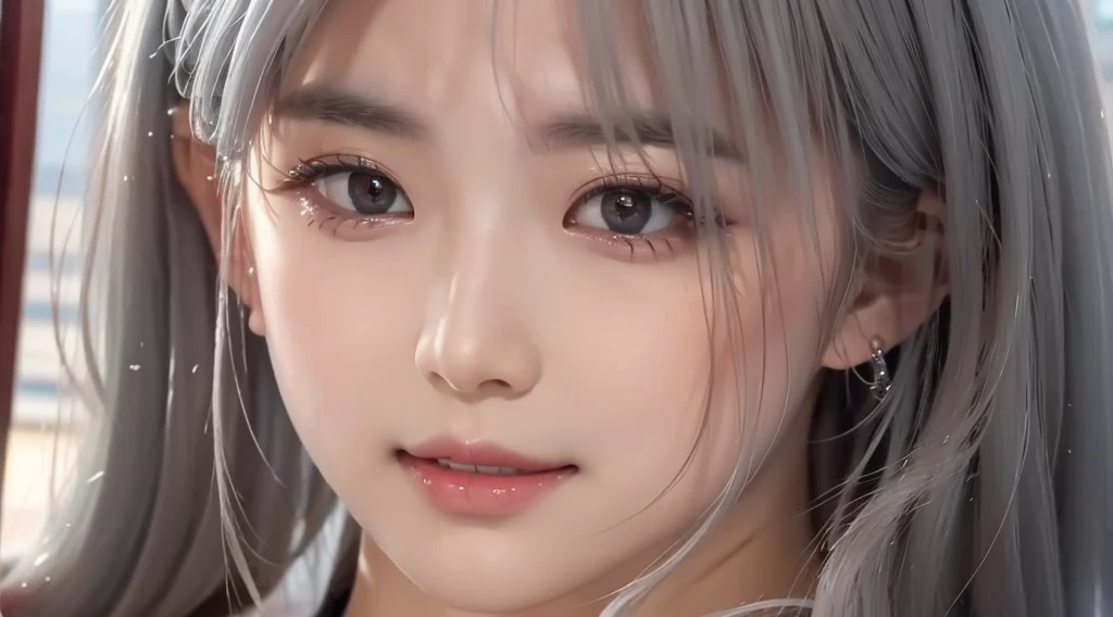 (beautiful japanese girl), beautiful and fine eyes, perfection , perfection, roll your eyes, detailed face, fine eyes, excellent quality, masterpiece, very detailed, Advanced level of detail, many details, high quality, cinematic light, real hands, (Super realistic:1.3), high school student , 幸せそうなsmile、smile, Myolin Remblanc, Ahoge, (gray hair:1.25), hair between eyes, (Silver Ship:1.25), halter neck, cross halter, white clothes, No bra, off shoulder dress,((1girl))