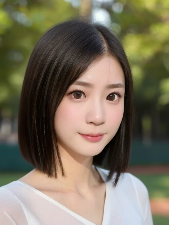(kawaii 24 year-old Japanese girl, Nogizaka idol, Korean idol), healthy female athlete body, (glossy black hair, very short hair, symmetric hair length, even hair length:1.3), (bangs), messy hair edge, (rounded face, black eyes, single eyelid, no makeup, soft smiling:1.2), (wearing loose fitted blouse, skinny jeans:1.3), flat chest, extra small breasts, (looking at viewer:1.2), BREAK, (turf in the park background:1.3), (dynamic angle:1.3), face focus, BREAK, (masterpiece, best quality, photo realistic, official art:1.4), (UHD, 8K quality wallpaper, high resolution, raw photo, golden ratio:1.2), (shiny skin), professional lighting, physically based rendering, award winning, (perfect anatomy, highly detailed skin, extremely detailed face and eyes), Carl Zeiss 85 mm F/1.4, depth of field, 1girl, solo,