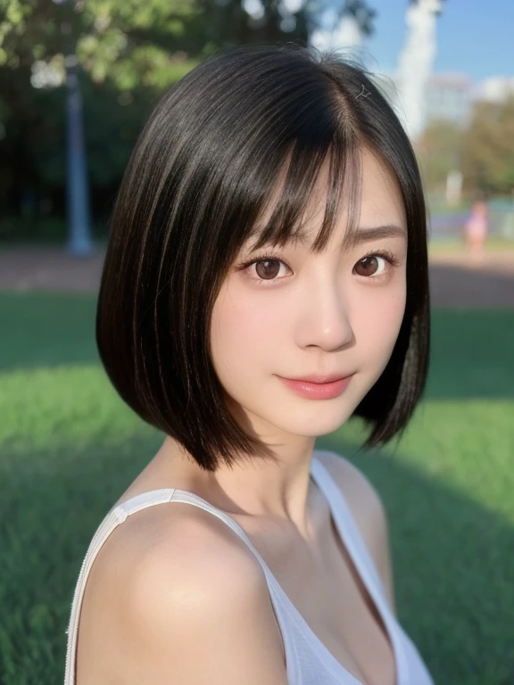 (kawaii 24 year-old Japanese girl, Nogizaka idol, Korean idol), healthy female athlete body, (glossy black hair, very short hair, symmetric hair length, even hair length:1.3), (bangs), messy hair edge, (rounded face, black eyes, single eyelid, no makeup, soft smiling:1.2), (wearing loose fitted blouse, skinny jeans:1.3), flat chest, extra small breasts, (looking at viewer:1.2), BREAK, (turf in the park background:1.3), (dynamic angle:1.3), face focus, BREAK, (masterpiece, best quality, photo realistic, official art:1.4), (UHD, 8K quality wallpaper, high resolution, raw photo, golden ratio:1.2), (shiny skin), professional lighting, physically based rendering, award winning, (perfect anatomy, highly detailed skin, extremely detailed face and eyes), Carl Zeiss 85 mm F/1.4, depth of field, 1girl, solo,