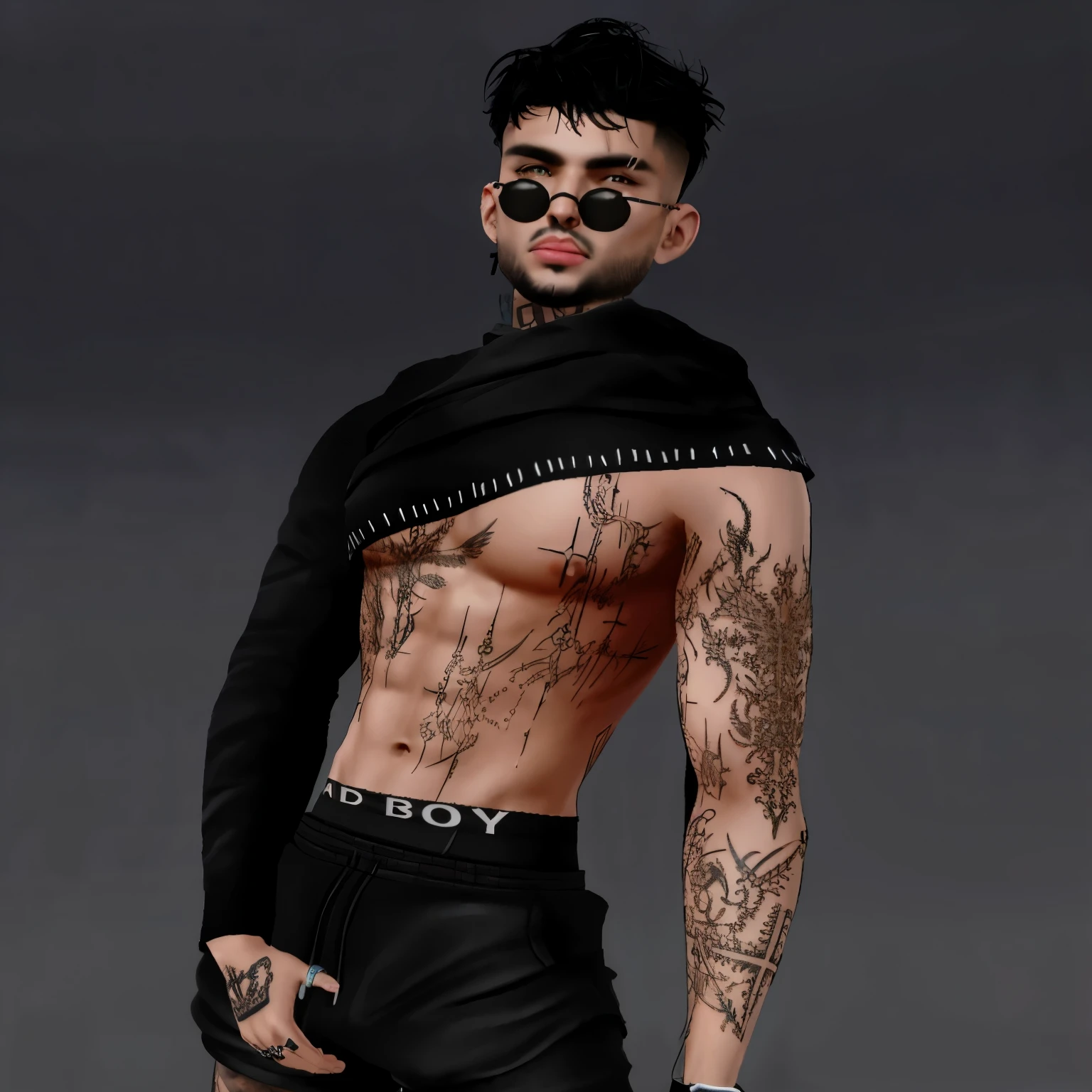 a close up of a man with tattoos on his chest and arms,, detailed full body, full body!! maximalist details, no hood | | realistic shaded, shirtless :: high detail, highly detailed full body, full body detailed, fullbody, imvu, full body shot hyperdetailed,