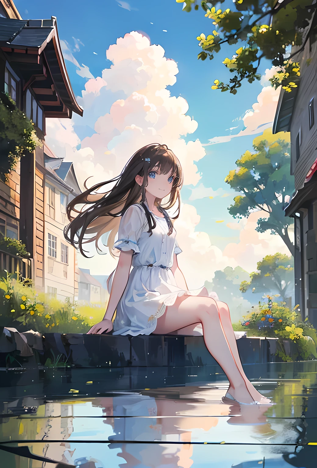 photorealistic scenery, an extremely delicate and beautiful girl, looking up to the sky, realistic eyes, smiling, long brown hair, blue eyes, white dress, sitting, trees, no humans, clear blue sky, cloud, outdoors, reflection, building, water, daylight, blurry, summer, shadow, scenery, 8k wallpaper, detailed face depiction, masterpiece, Cinematic Lighting, best quality, Illustration