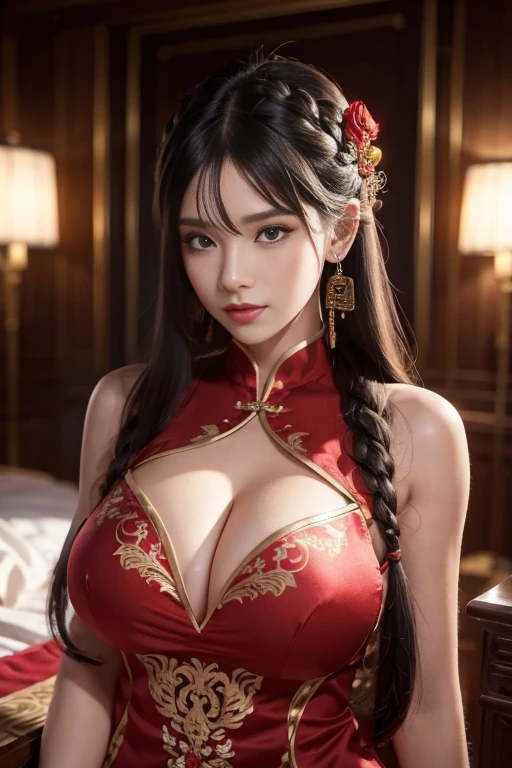 vibrant colors, female, masterpiece, sharp focus, best quality, depth of field, cinematic lighting, white hair, red eyes, braid, dress, long hair, red eyes, tattoo, earrings, jewelry, black dress, hair ornament, bangs, chinese clothes, breasts, china dress, sleeveless, ((show breast, show nipples, clean areola))