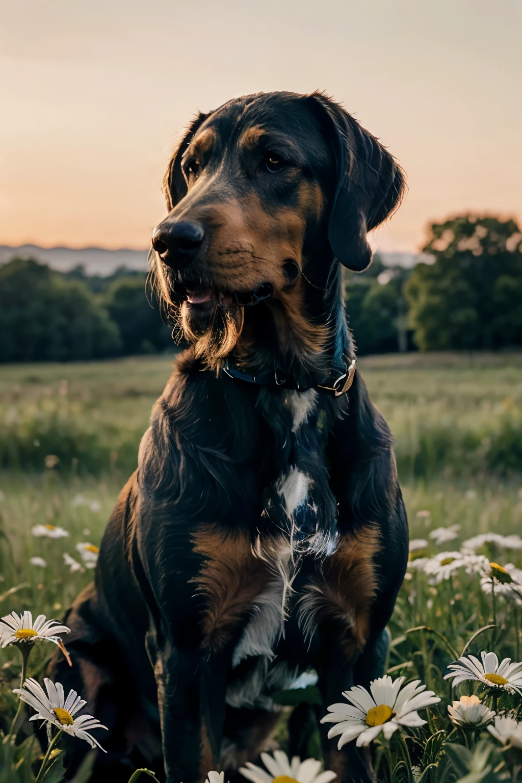 (a blue tick hound:1.1),howling in a field of american daisies,illustration,[oil painting:1.1],(best quality:1.2),vivid colors,ultra-detailed,sharp focus,studio lighting,portraits,blue color tones,graceful pose,dense flowers,breezy atmosphere