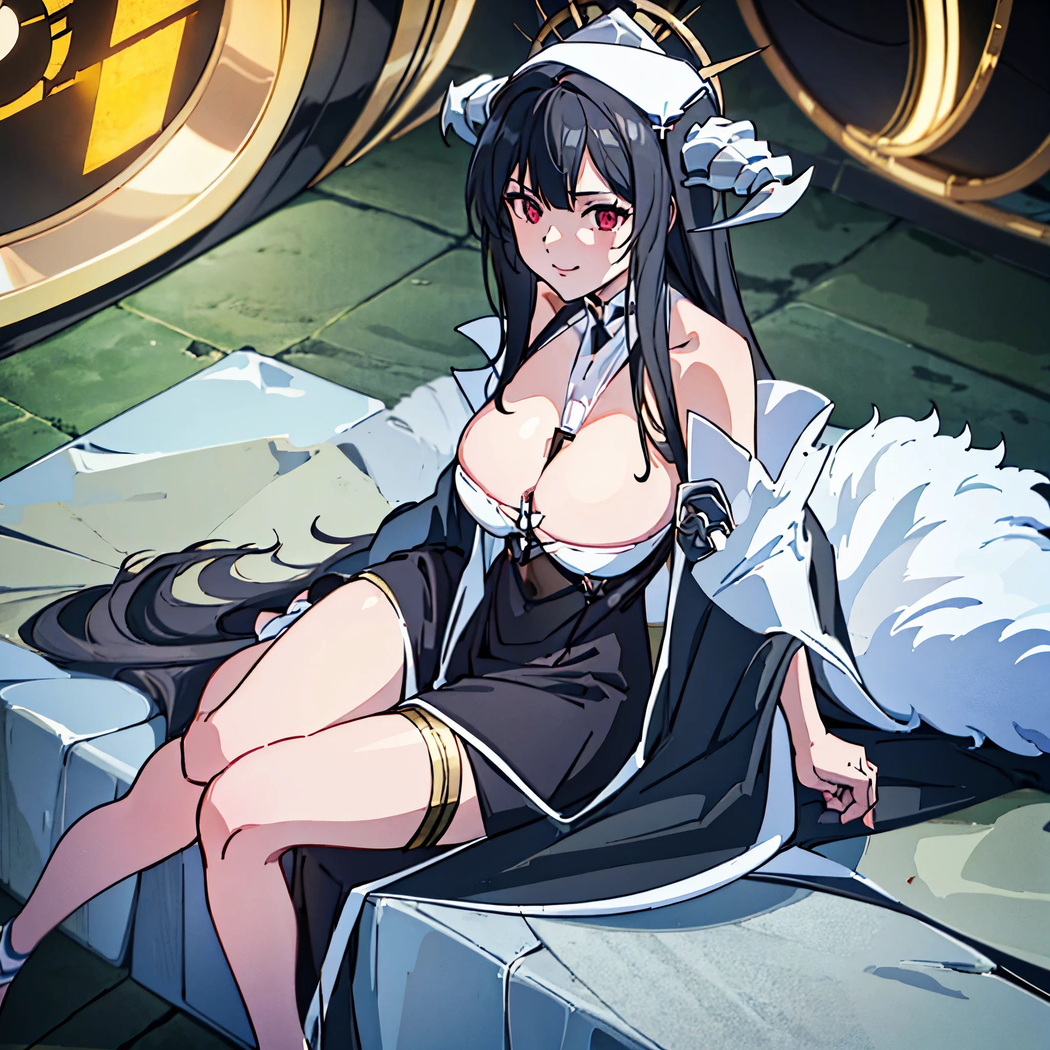 A woman with long black hair,long pigtail hair, burgundy eyes, wearing a sex nun costume, black veil, white horns, long white stockings, big breasts, smiling, outside a large castle, concrete floor,HDR, ultra resolution, well defined, masterpiece, 8K HD. (solo woman)