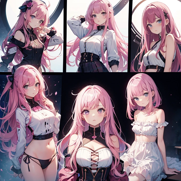 masterpiece, highest quality, pink hair,young girl, pretty girl, full body,multiple poses and expressions,white background