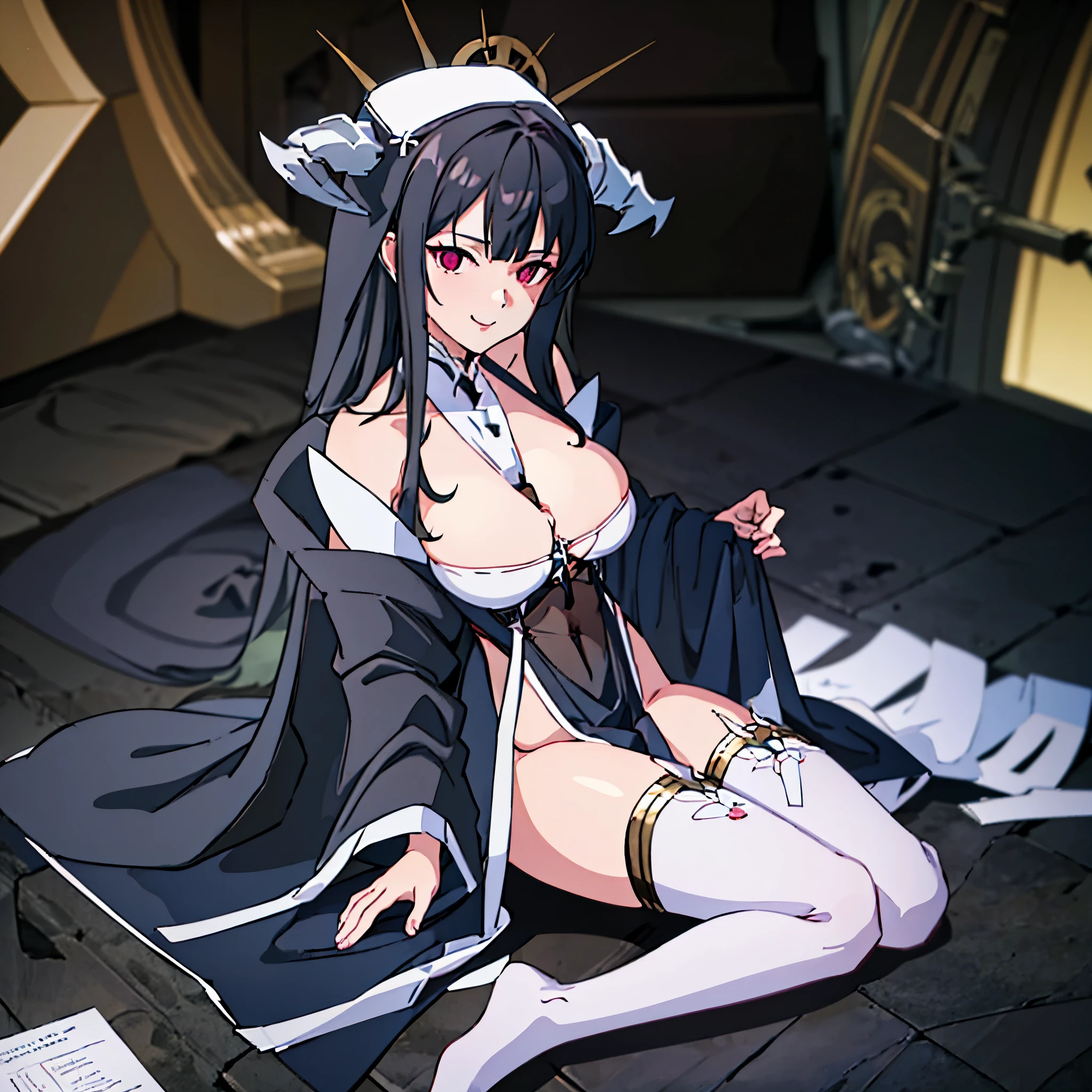 A woman with long black hair,long pigtail hair, burgundy eyes, wearing a sex nun costume, black veil, white horns, long white stockings, big breasts, smiling, outside a large castle, concrete floor,HDR, ultra resolution, well defined, masterpiece, 8K HD. (solo woman)