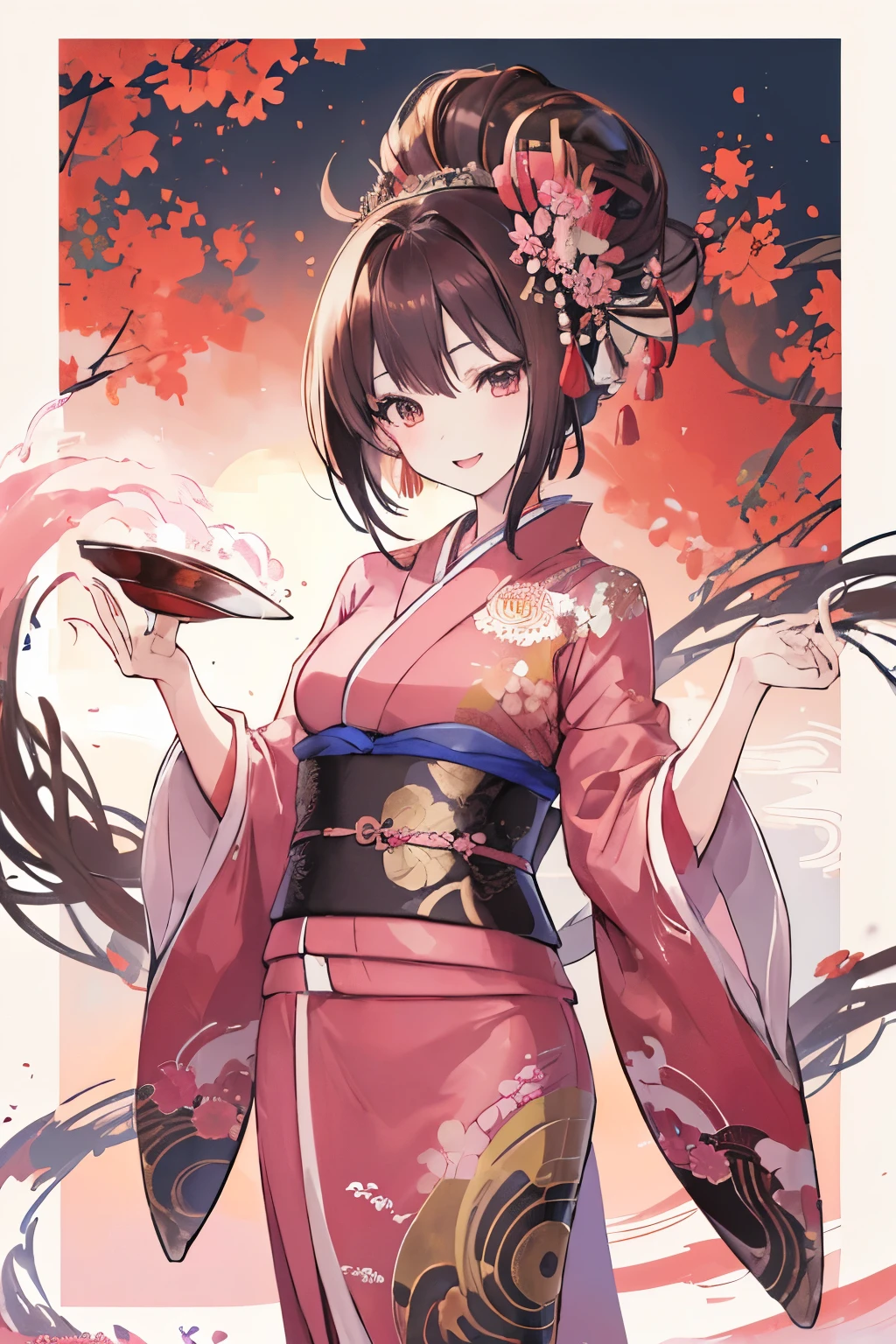 (animesque:1.3), Extreme refinement, 1girl in, ancient Japanese background, ancient Japanese princess, dark brown hair, pretty girl, traditional Japanese princess, ornate kimono, light pink dress, long kimono