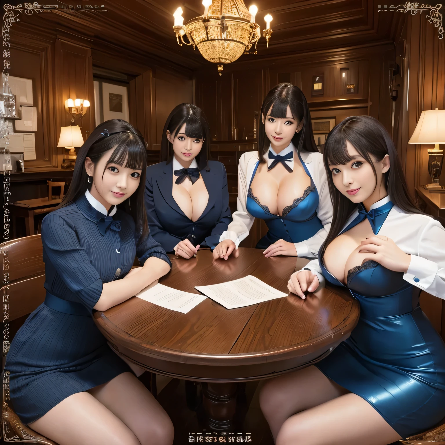 ((highest quality, 8K, Representative works in detail, ultra high resolution)), (looking at the viewer), (middle shot), attractive woman, ((big breasts)), ((white collared shirt, smile, black choker)), slim body shape, (big breasts, blue color contacts), long eyelashes, bangs, Beautiful shiny brown hair, Nogizaka Idol, Medieval style room, Wood grain walls, Wooden furniture, spacious room, sitting opposite each other across the table, There are documents on the table, The background is a large room, A vibrant interior, Business negotiation
