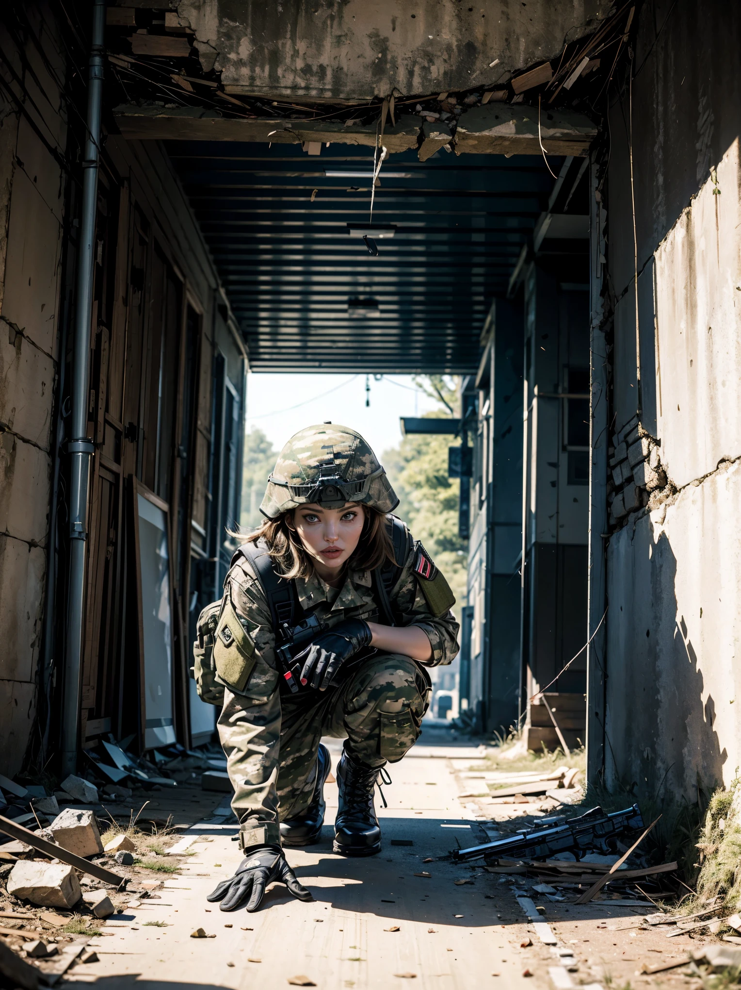 (​masterpiece),(8K),(ultra-detailliert),(hight resolution),(Angelina Jolie aiming with assault rifle),(Look into the sight:1.3),Close one eye,(Crouch down and hold your assault rifle:1.2), solo, frontage, Full body drawing,military helmet,army camouflage clothing,Camouflage pattern long pants,Combat gloves,rucksack,Black Tactical Vest,The background is a collapsed wall,detailed gun drawing