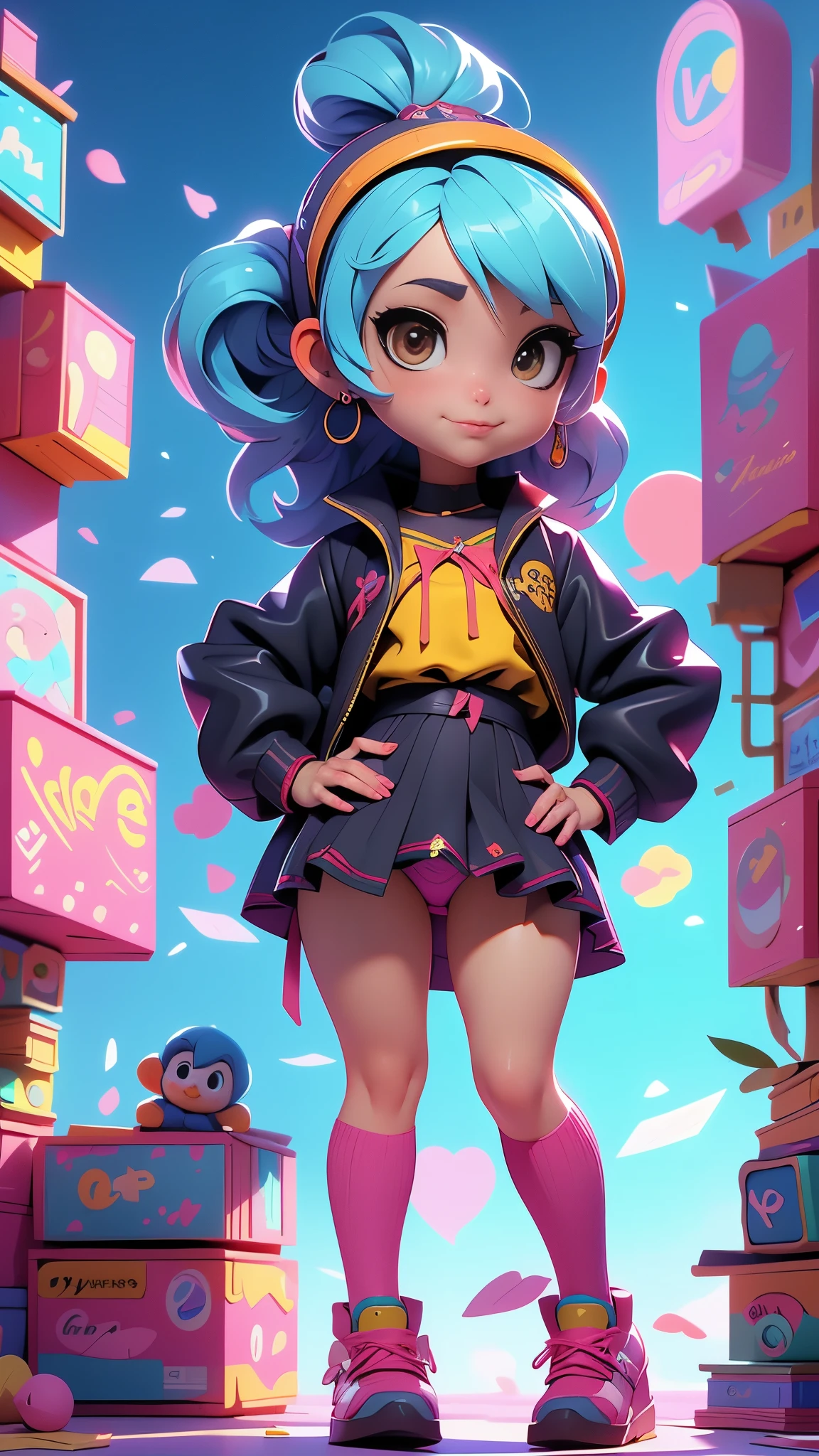 (La mejor calidad,A high resolution,Ultra - detallado,actual),Ariana Grande parada en una calle cerca de un edificio, rossdraws dibujos animados vibrantes, Lois van Baarle y Rossdraws, anime estilizado, Artgerm y Lois van Baarle, Arte digital del anime cyberpunk, obra de arte al estilo de guweiz, fanart de chica urbana, inspired by Jules Chéret, estilo artgerm, (estilo kawaii:1.4 ) , (vestuario colegiala sexy), (solo), (mostrando panties :1.4), manos perfectas: 1.5,