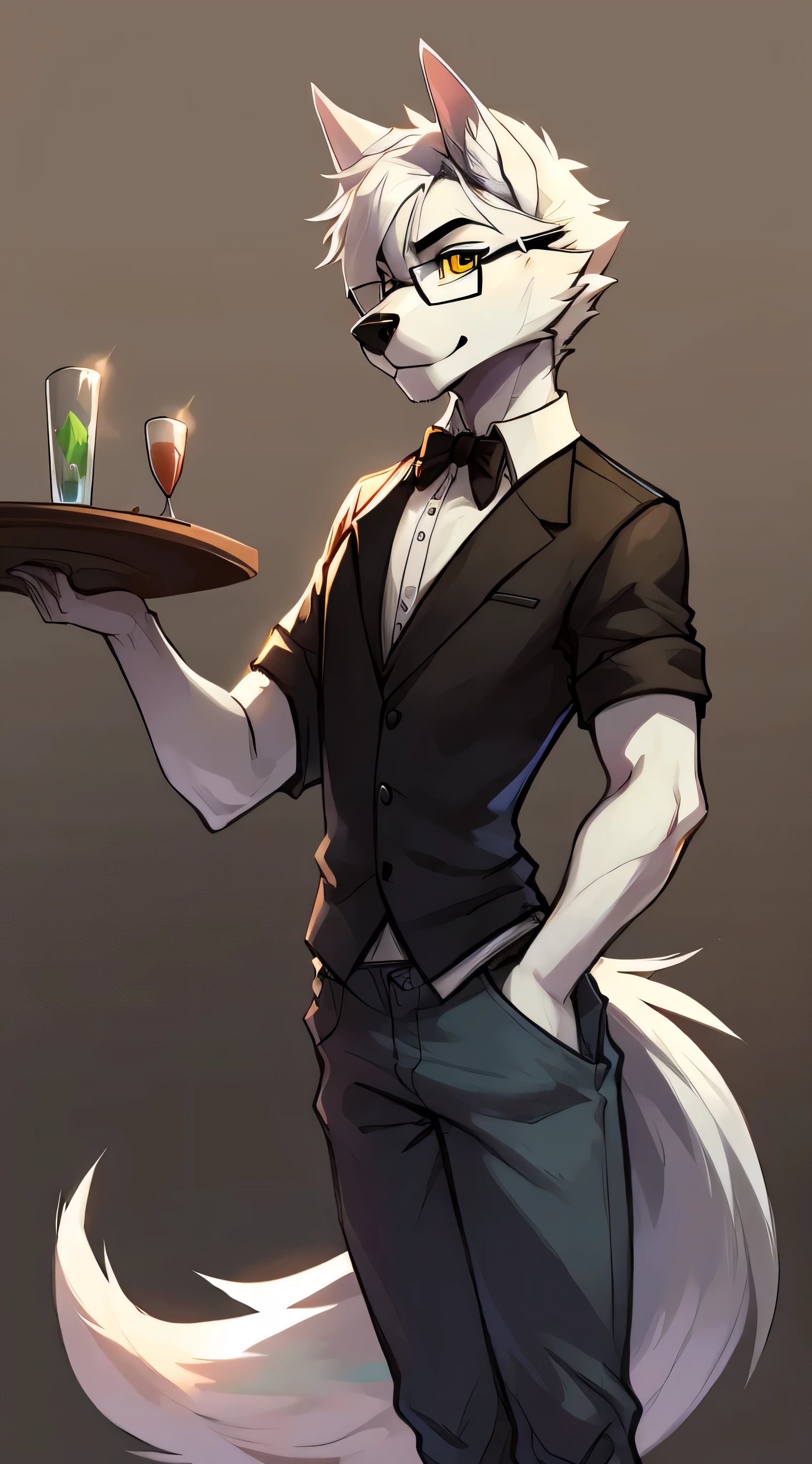 Male, arctic wolf, detailed yellow eyes, long tail, bartender, loose baggy jeans, slim, sly, simple background, glasses