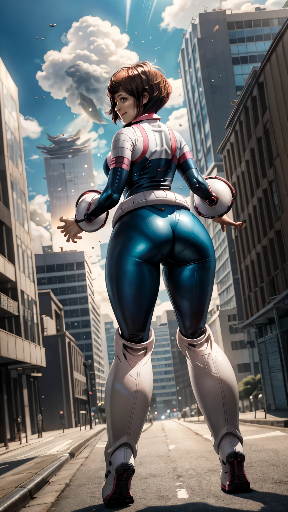 masterpiece, best quality, highres, hmochako, blush stickers, short hair, (((pixie cut 1.6))), huge breasts, superhero, bodysuit, boots, sky, building, mid air,  hand on hip, wide hips, thick thighs ((curvy)), latex suit, sexy, smile, sensual, (((mature female 1.5))), PBR textures, levitating, (((From Behind)))