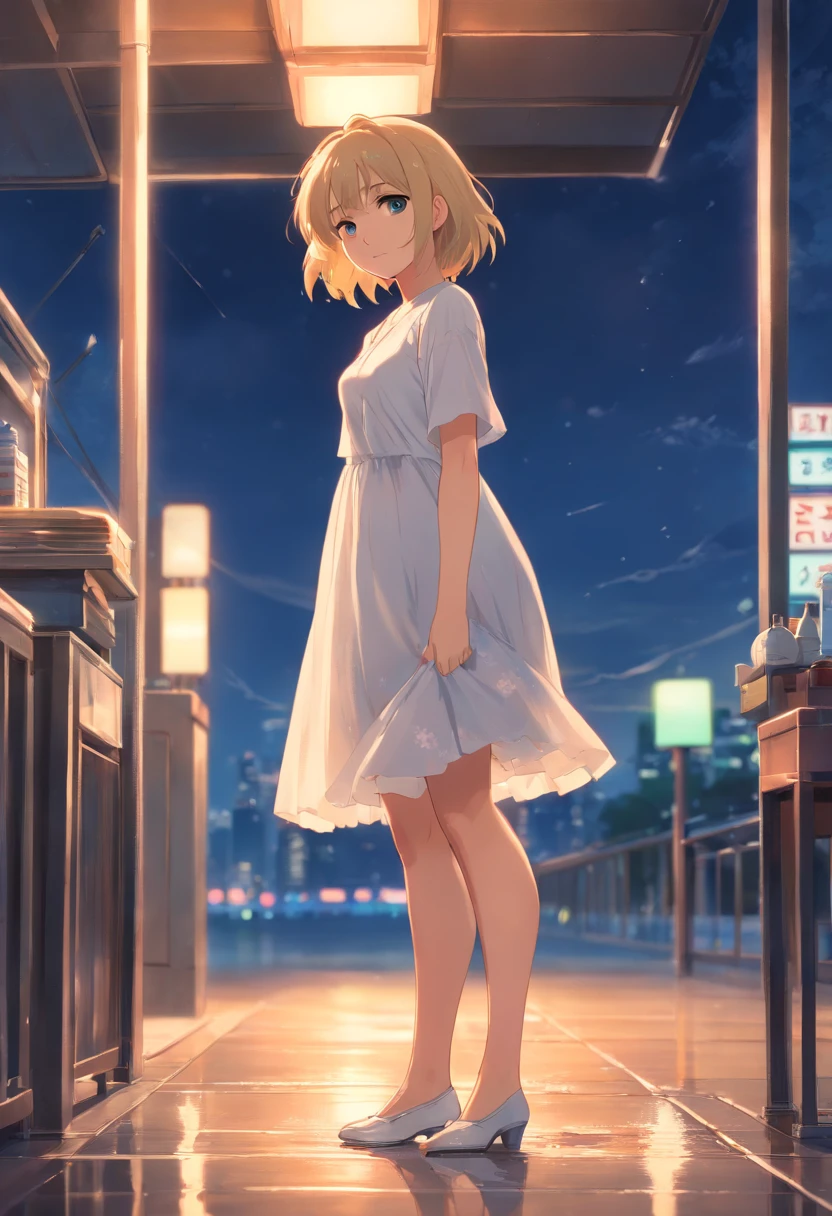 Mujer, 17 years, rubia, pelo corto, de cuerpo entero, vestido corto blanco, heeled shoes of the same tone, de pie su pose es elegante, fondo una fabrica de noche. the floor is wet