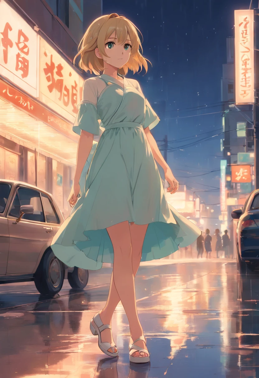 Mujer, 17 years, rubia, pelo corto, de cuerpo entero, vestido corto blanco, heeled shoes of the same tone, de pie su pose es elegante, fondo una fabrica de noche. the floor is wet
