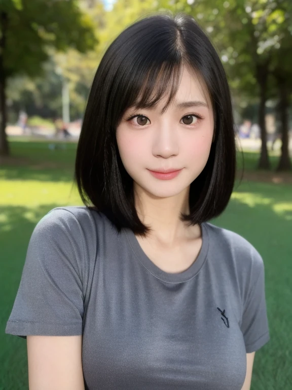 (kawaii 24 year-old Japanese girl, Nogizaka idol, Korean idol), healthy female athlete body, (glossy black hair, very short hair, symmetric hair length, even hair length:1.3), (bangs), messy hair edge, (rounded face, black eyes, single eyelid, no makeup, soft smiling:1.2), (wearing over-sized t-shirt, skinny jeans:1.3), flat chest, extra small breasts, (looking at viewer:1.2), BREAK, (turf in the park background:1.3), (dynamic angle:1.3), face focus, BREAK, (masterpiece, best quality, photo realistic, official art:1.4), (UHD, 8K quality wallpaper, high resolution, raw photo, golden ratio:1.2), (shiny skin), professional lighting, physically based rendering, award winning, (perfect anatomy, highly detailed skin, extremely detailed face and eyes), Carl Zeiss 85 mm F/1.4, depth of field, 1girl, solo,