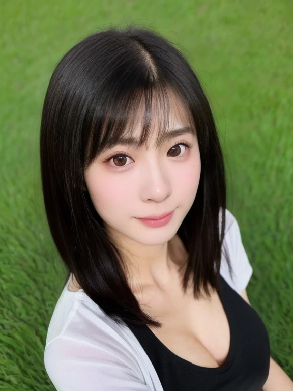 (kawaii 24 year-old Japanese girl, Nogizaka idol, Korean idol), healthy female athlete body, (glossy black hair, very short hair, messy hair edge, symmetric short hair:1.3), (bangs), (rounded face, brown eyes, single eyelid, no makeup, soft smiling:1.2), (wearing over-sized t-shirt, skinny jeans:1.3), flat chest, extra small breasts, (looking at viewer:1.2), BREAK, (turf in the park background:1.3), (dynamic angle:1.3), BREAK, (masterpiece, best quality, photo realistic, official art:1.4), (UHD, 8K quality wallpaper, high resolution, raw photo, golden ratio:1.2), (shiny skin), professional lighting, physically based rendering, award winning, (perfect anatomy, highly detailed skin, extremely detailed face and eyes), Carl Zeiss 85 mm F/1.4, depth of field, 1girl, solo,