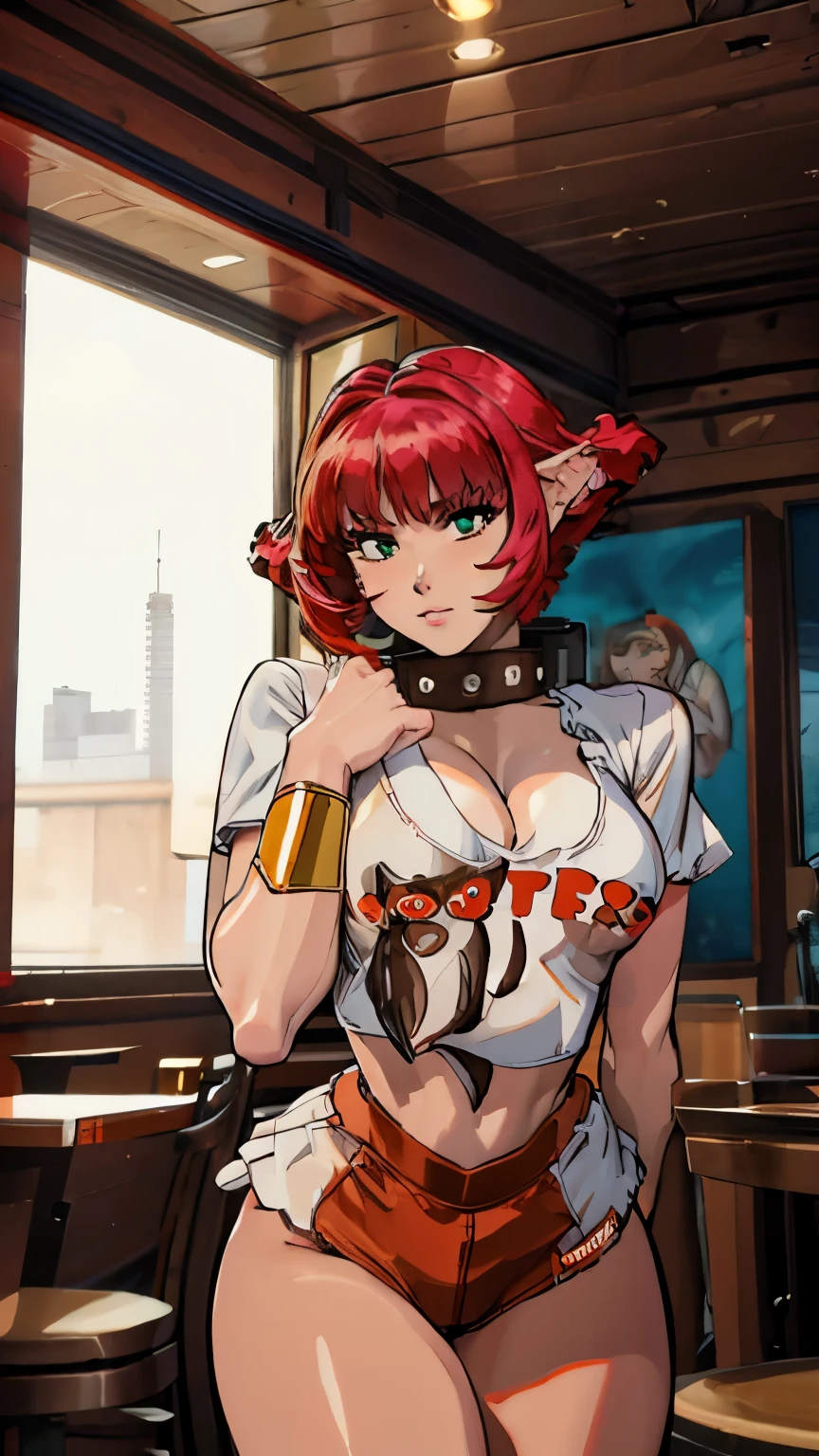masterpiece, best quality, ultra-detailed, adult Cala 1girl, solo, hooters, short shorts, croptop, large breasts, bracelet, collar, full body, surprised, worried, red hair, spiky hair, full body, looking at the viewer, female focus, green eyes