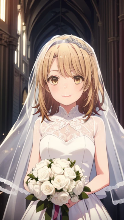 irohaisshiki, Isshiki Iroha,long hair, brown hair, (brown eyes:1.5), smile,Wedding dress、Wedding Skirts,veil,bouquet,break indoors owning the bouquet with both hands, church,chapel break looking at viewer,Upper body, whole body,
break (masterpiece:1.2), highest quality, High resolution, unity 8k wallpaper, (shape:0.8), (beautiful and detailed eyes:1.6), highly detailed face, perfect lighting, Very detailed CG, (perfect hands, perfect anatomy),