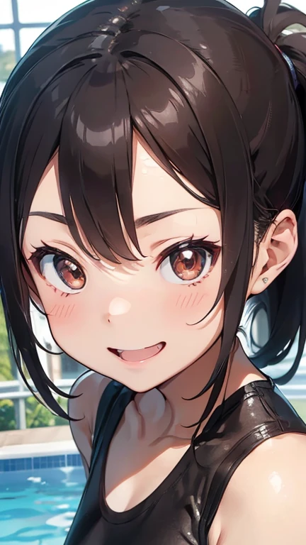 highest quality、realistic、Japanese、adult woman、cute、brown eyes、ponytail、gray hair、all back、The forehead is out、pool、poolサイド座る、swimsuit、A big smile、close up face、slender、