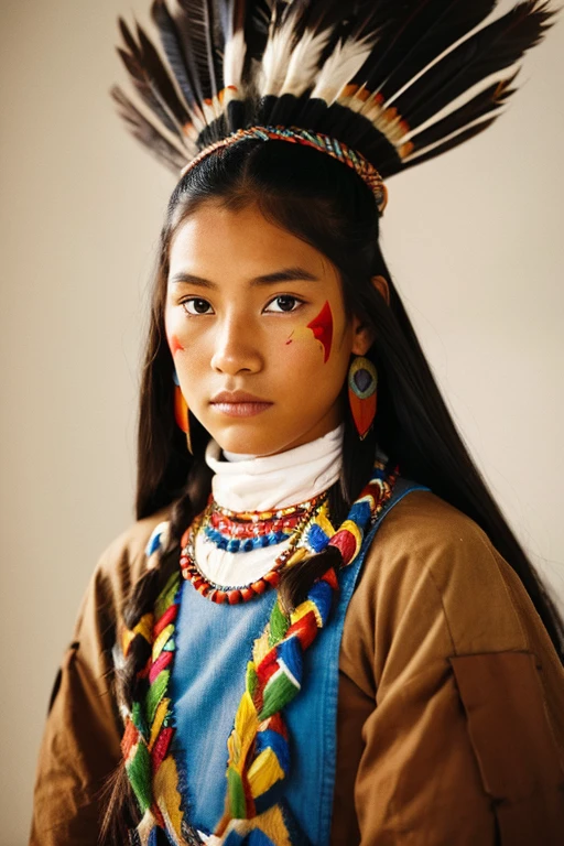 a young asian comanche warrior girl, Visage avec peinture indienne. photo plein pieds. Native American female protagonist. Torn traditional clothing. pagne